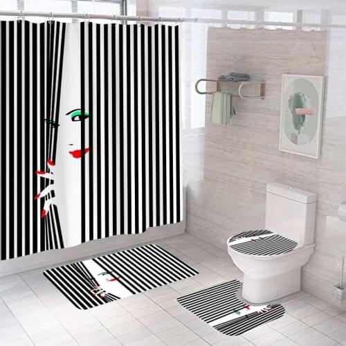 Waterproof Bathroom Shower Curtain Set with 12 Hooks Toilet Seat Bath Mats and Rugs Non-slip Carpet Toilet Covers