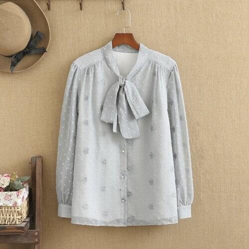 High Quality Plus Fat plus bow tie delicate embroidered flowers long sleeve chiffon shirt for fat girls under 220 pounds spring