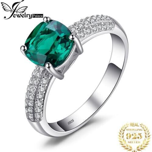JewelryPalace Cushion Green Simulated Nano Emerald Ring 925 Sterling Silver Gemstone Solitaire Engagement Rings for Women