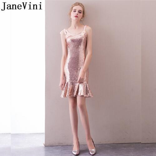 JaneVini Rose Gold Sequin Bridesmaid Dresses Girl Mermaid Short Homecoming Dress Party Wedding Ladies Formal Gowns Zipper Back