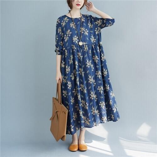 Johnature 2021 New Korean Floral Print Loose Dress For Women Spring Autumn O-neck Pockets Female Dresses