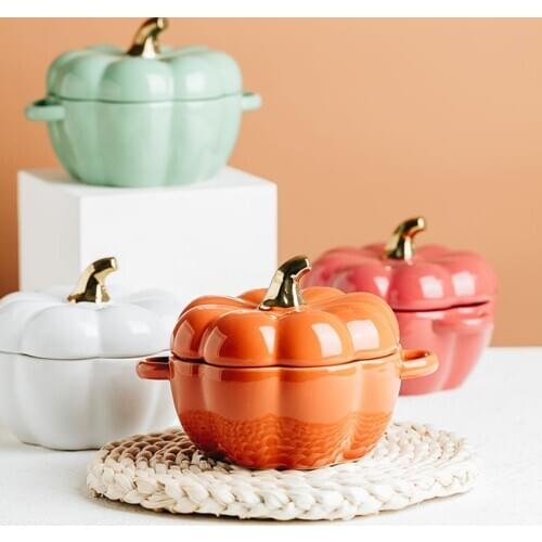 1Pc Creative Pumpkin Shaped Baking Bowl With Lid, Ceramic Pumpkin Bowls Household Tableware Dessert Soup Milk Bowl Kitchen Tools