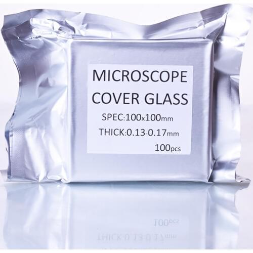 100pcs square microscope cover glass,Specification size 100*100mm,Thickness 0.13-0.17mm,Laboratory glass cover