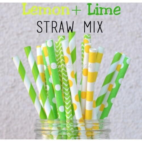 125pcs Mixed Colors Bright Yellow and Green Paper Straws - Lemon and Lime Straw-Retro Vintage Cake Pop Lollipop Sticks