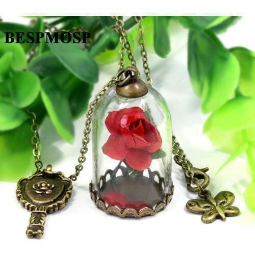 24PC/Lot Wholesale Beauty and the beast Enchanted Red Rose in Terrarium and mirror charm necklace For Women Jewelry Gifts