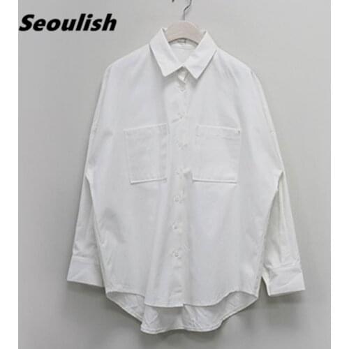 Seoulish Double Pockets Turn-down Collar Cotton White Womens Blouse 2021 New Autumn Casual Loose Female Blouse Workwear Shirts