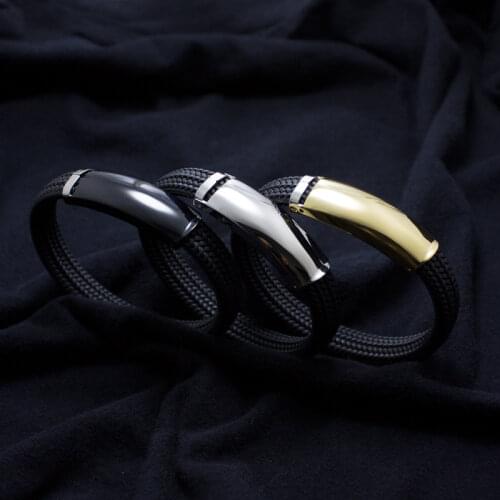 Punk Men Jewelry Black Braided Silicone Bracelet Stainless Steel Bar Clasp Fashion Bangles Gift