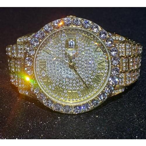 Hip Hop MISSFOX Roman Number Men Gold Watches Luxury Date Quartz Wrist Watches Lab Diamond Stainless Steel Watch For Men Jewelry