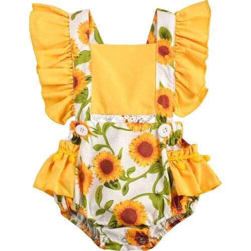 Infant Baby Girls Fly Sleeve Sunflower Outfits Rompers Playsuits Newborn Girls Jumpsuits Toddler Baby Sunsuits 0-24M