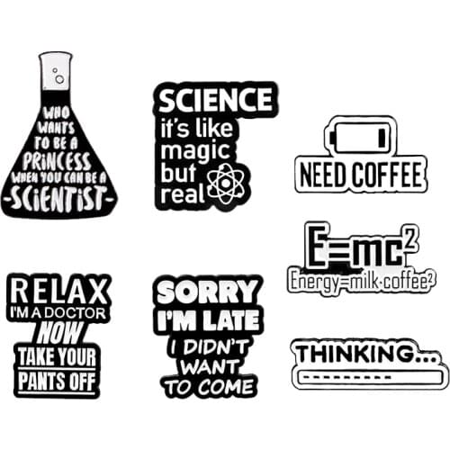 Coffee Time Enamel Pins Science is Magic Energy Coffee Milk Brooch Bag Lapel Pin Black White Badge Scientist Jewelry Gift Friend