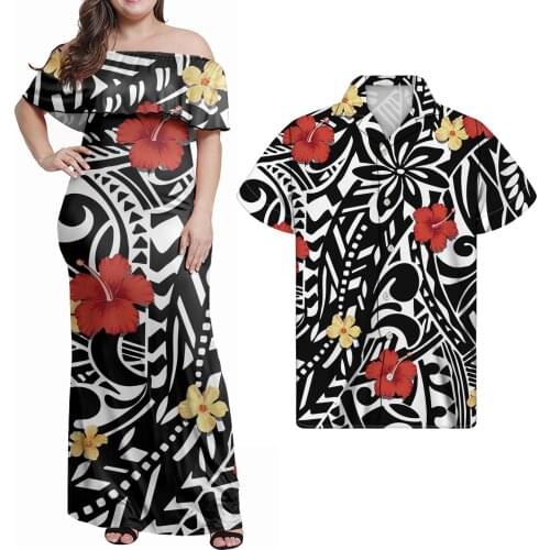 Hycool Fashion Plus Size Polynesian Tribal Design Puletasi Ruffle Off Dress & Men Hawaiian Shirt Black Summer Casual Dress 2021