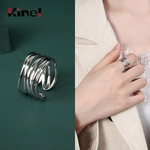 Kinel Retro Real 100% 925 Sterling Silver Wide Side Rings for Women Wedding Trendy Jewelry Large Adjustable Ring Bijoux