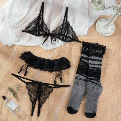 Lace Lingerie Set Sexy Womens Underwear Transparent Sexy Bra Sets 5 Pcs Suit Bra Panties Garters Net Stockings Underwear Set