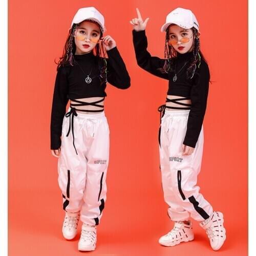 New Hip hop Clothes Girls Sets Suit Bare Waist Navel Long Sleeve T-shirt Cross Strap Black White Big Childrens Clothing Hip-hop
