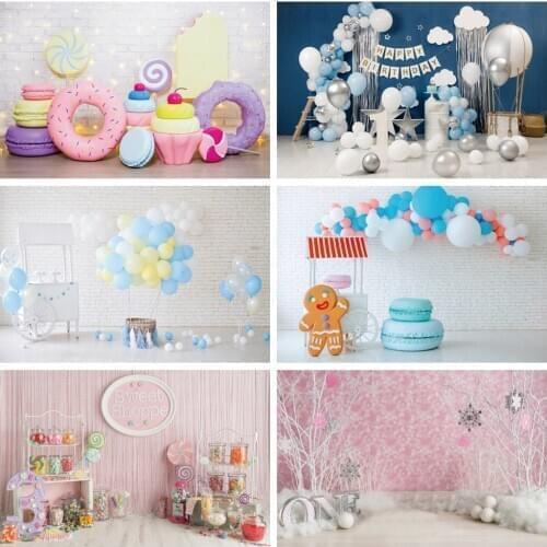 Laeacco Birthday Photocall White Brick Wall Balloons Donut Candy Balloons Baby Portrait Newborn Backdrops Photography Background