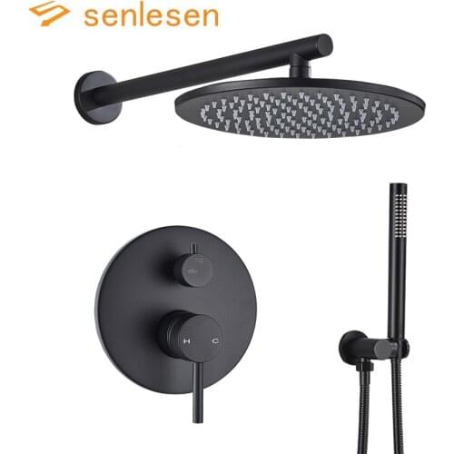 Senlesen Matte Black Concealed Bathroom Shower Faucet Set Wall Mount Round Rainfall Shower Head Tub Spout Hot Cold Mixer Tap