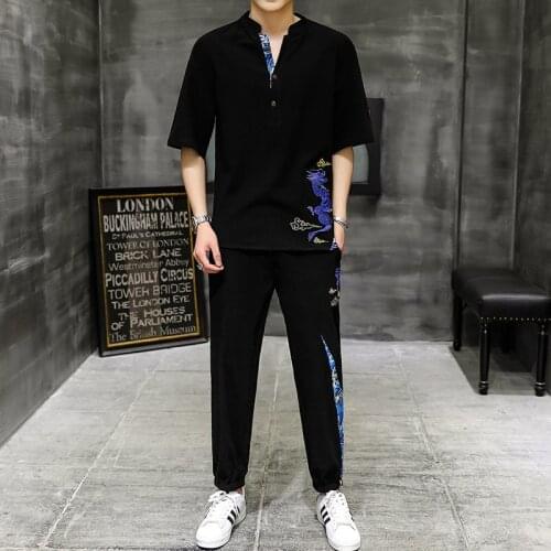 MenS Set Retro Chinese Dragon Shirt Men Tang Suit Kung Fu Clothes T Shirt Man Oversize Men T-Shirt Male Summer Tracksuit 30550