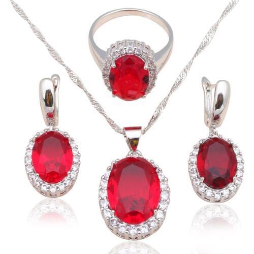 Ayowei AAA CZ Jewelry Silver Stamped Garnet Fashion Jewelry Sets Red Crystal Earring Necklace Ring Sz #6#7#8#9#10 JS582A