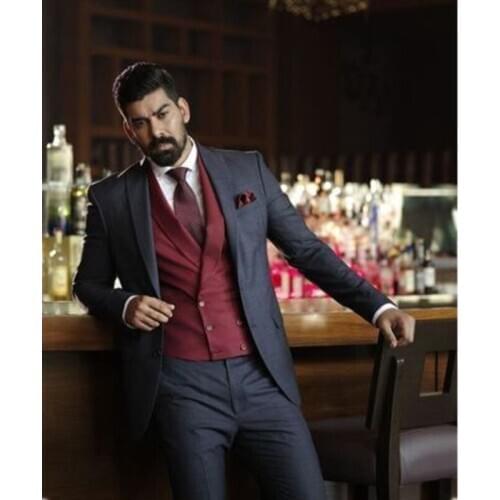 Latest Design Mens Suits Dark Grey Wedding Suits For Men 2021 Best Man Burgundy Vest Suits Groom Tuxedos Formal Business Suit