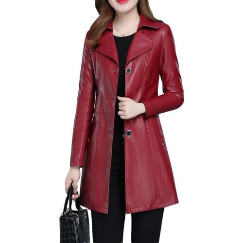 Autumn winter new leather jacket medium-long lapel womens leathers coat Slim plus size pu leathers windbreaker overcoat