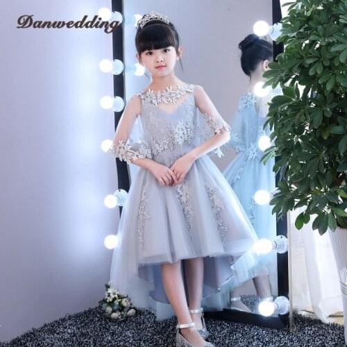 New Kids Pageant Dress Two Pieces Set Lace Applique Hi-Lo Flowers Girl Dress For Wedding First Communion Dress For Girls