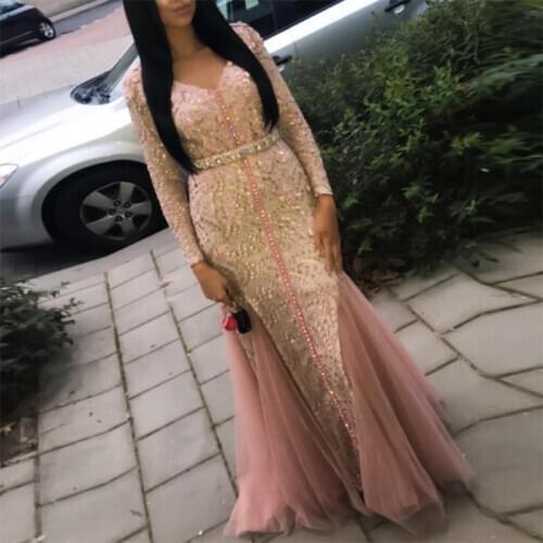 Luxury Beaded Crystals Mermaid Moroccan Kaftan Evening Dresses Custom Made V Neck Dubai Arabic Special Occasion Dress Prom Gown