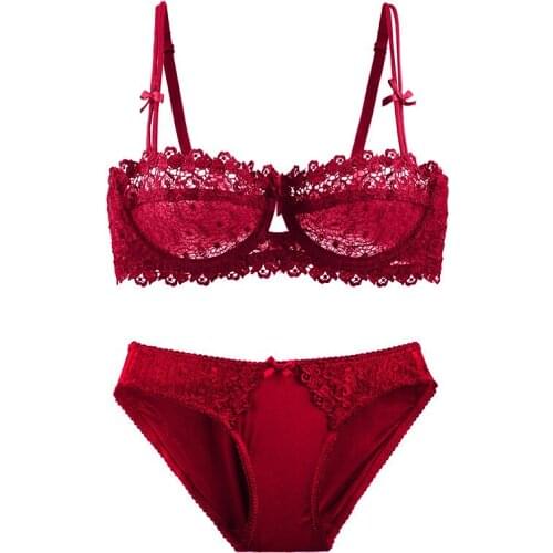 Europe And The United States Sexy Ultra-Thin Lace Underwear Female Transparent No Pad Half Cup Bra Bra Set Woman 2 Pieces