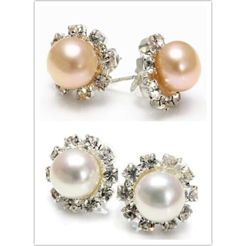New 8-8.5mm Natural white/Pink Akoya Freshwater Pearl Sterling Silver Stud Earrings