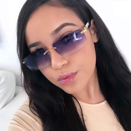 Vintage Wood Leg Cutting Rimless Sunglasses For Women New Fashion Small Square Gradient Sun Glasses Men Retro Uv400 Shades Blue
