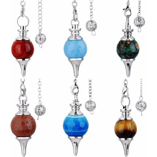 SUNYIK Motley Gem Stone Faceted Round Ball Reiki Healing Chakra Pendulum Silver Color Pendant With Chain