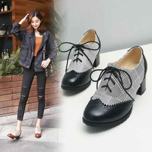 High Heels Pumps Chunky Heels Women Shoes Gingham Oxfords Shoes Round Toe Retro Ladies Brogue Women Large Size British Style