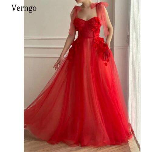 Verngo Bride Party 2021 Red Tulle And Lace A Line Long Prom Dreses With Bow Straps 3D Flowers Corset Pockets Evening Gowns