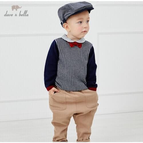 DB14583 dave bella winter casual baby boys removable bow paid knitted sweater kids fashion toddler boutique tops