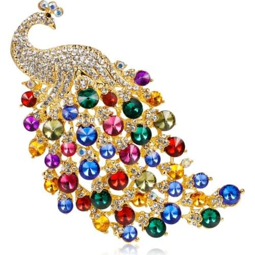 Fashion Large Peacock Brooches For Women Colorful Crystal Animal Design Brooch Pins Female Wedding Party Jewelry Gift