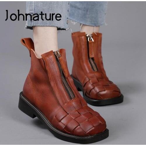 Johnature Genuine Leather Ankle Shoes Women Boots 2021 New Autumn Winter Flat With Round Toe Zip Weave Handmade Platform Boots