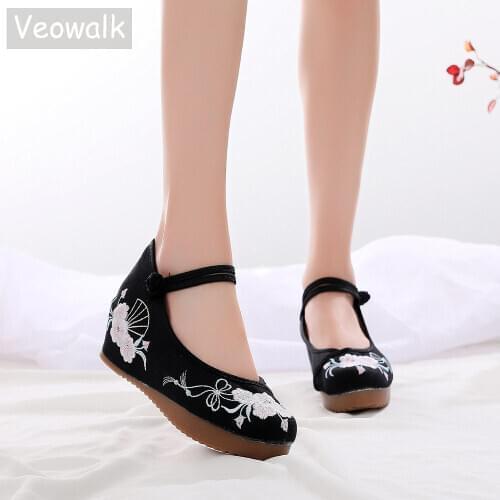 Veowalk Chinese Flower Embroidered Women Cotton Fabric Platforms Shoes Comfortable Instep Strap Walking Shoes for Elegant Ladies