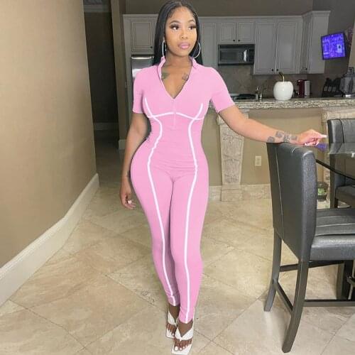 Striped Patchwork Sportswear Skinny Long Jumpsuit Women Deep V Neck Short Sleeve Slim Rompers Activewear Workout Zipper Outfit
