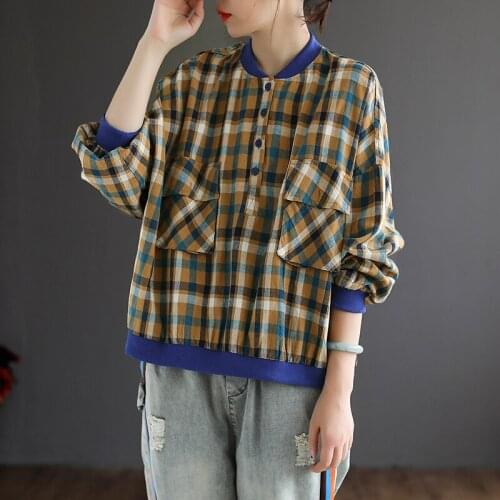 QPFJQD Ladies Cotton Linen Plaid Sweater Baseball Collar Spring Autumn Retro Pocket Button Loose Pullover Tops Long Sleeve