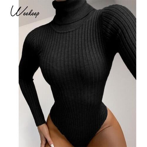 Weekeep Solid Women Turtleneck Bodysuits Ribbed Knitted Streetwear Long Sleeve Bodycon Rompers Autumn One Piece Jumpsuit Clothes