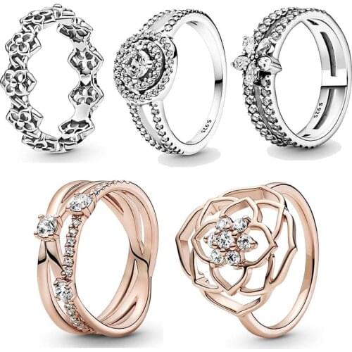 925 Sterling Silver Sparkling Snowflake Double Halo Rose Petals Openwork Statement Ring Ring For Women Gift Fashion Fine Jewelry