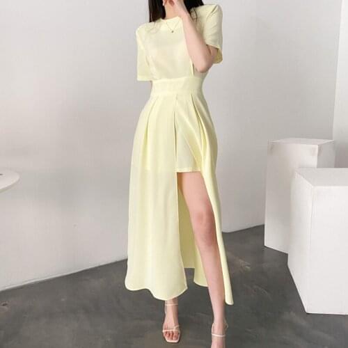 One Piece Women Korean Elegant Fit Chic Yellow Split Midi Dresses French Retro Designer Office Lady Casual Dress 2021 Summer New