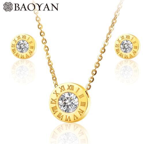 Gold Color Stainless Steel Crystal Arabic Number Round Pendant Necklace Set for Women N0 Best Gift