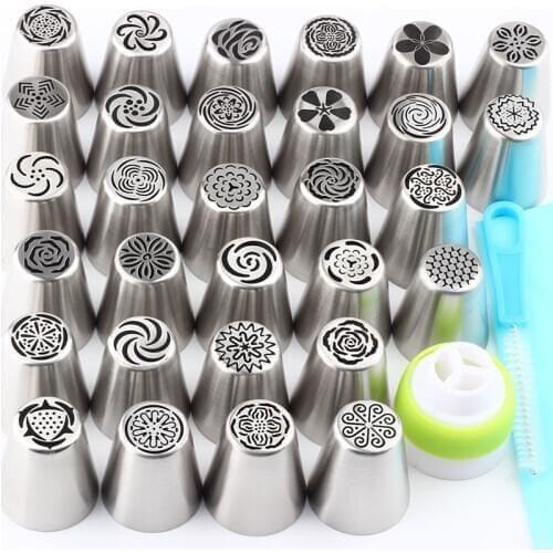 1Pcs Brush 1Pcs Silincon Bag 1Pcs coupler converter+30Pcs Icing Piping Stainless Steel Nozzle Pastry Russian Tips Cake Nozzles