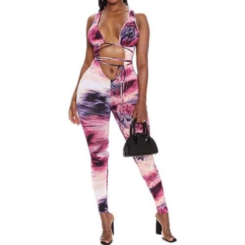 2020 Sexy Jumpsuit Women Deep V-Neck Hollow Long Pants Trousers Summer Sports Bodycon Playsuit Tie Dyeing Print Rompers