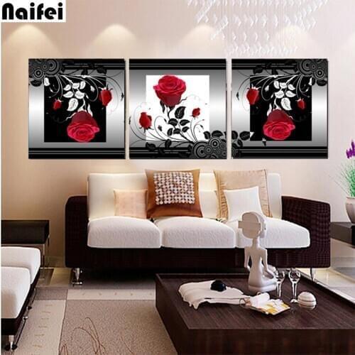 3 Panels red black rose 5D DIY Diamond Painting cross stitch mosaic full square/round diamond embroidery rhinestone painting