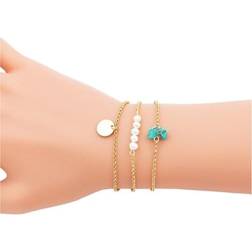 KBJW 3 layers bracelet set independant 3pcs jewelry hand chain nature stone and faux pearl round disk charm bracelet best gift