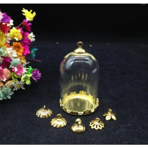 5sets/lot 38*25mm tube glass globe gold color crown tray glass vial pendants fashion necklace pendant glass dome diy jewelry