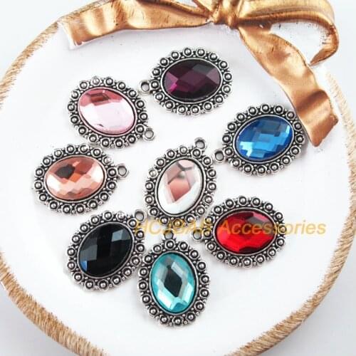 8Pcs Fashion Flower New Oval Charms Tibetan Silver Tone Retro Mixed Crystal Pendants 18x24mm