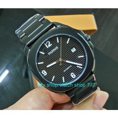 Sapphire Crystal 40mm PARNIS black dial Japanese Automatic Self-Wind movement mens watch PVD case Mechanical watches 415S