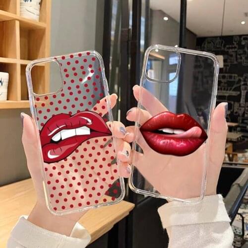 Sexy lady Pink Red lips rolling Phone Case Transparent for iPhone 6 7 8 11 12 s mini pro X XS XR MAX Plus SE cover funda shell